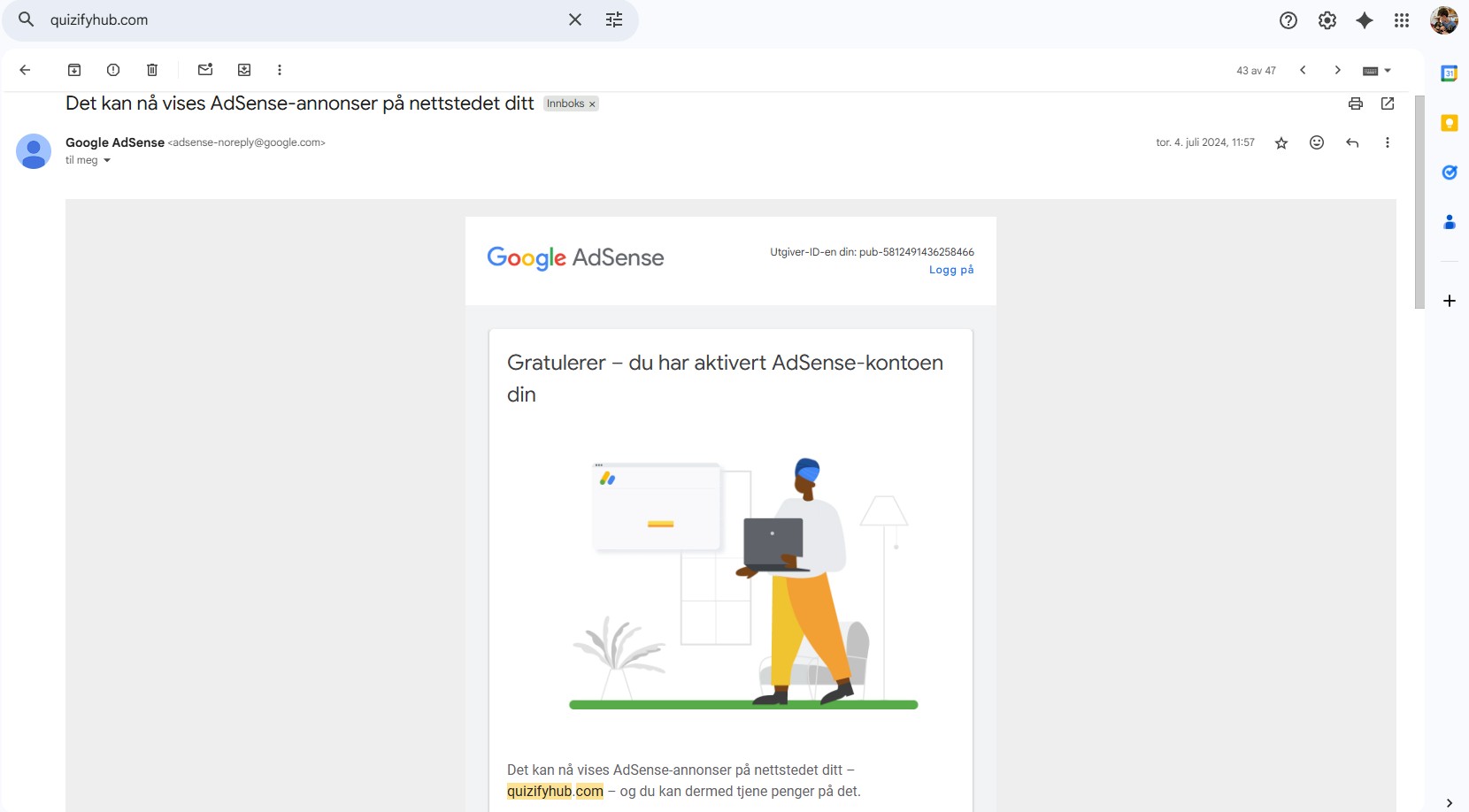 Google AdSense godkjenning for quizifyhub.com