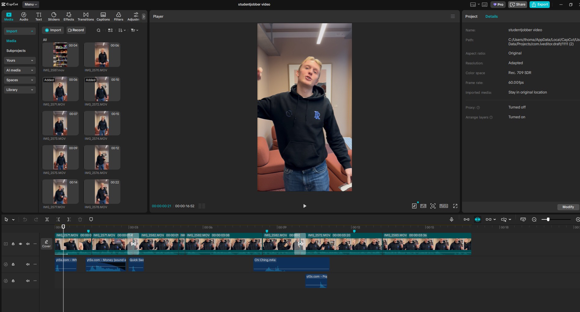 Studentjobber CapCut editing interface