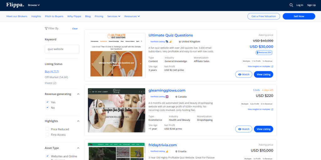 different quiz websites on flippa